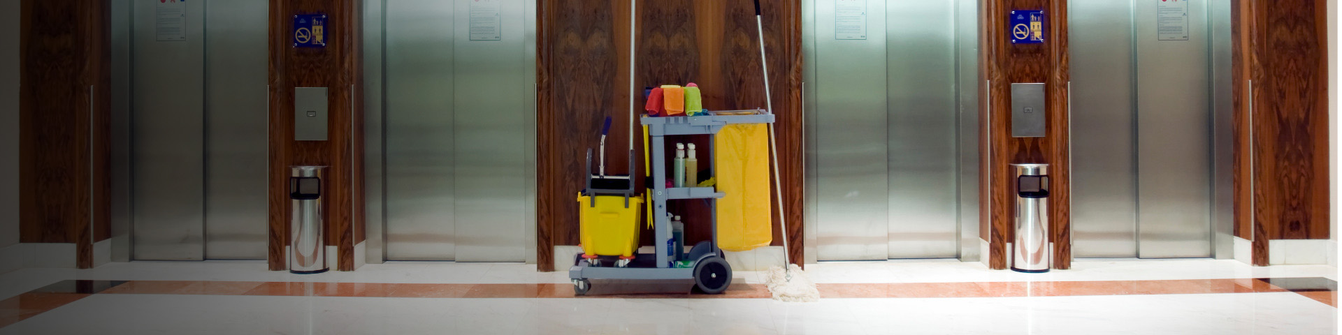 Cleaning cart situated outside elevators